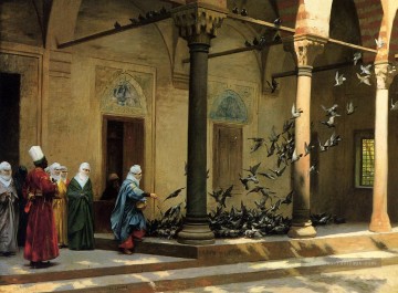  cour - Femmes harem nourrir des pigeons dans une cour Arabe Jean Léon Gérôme